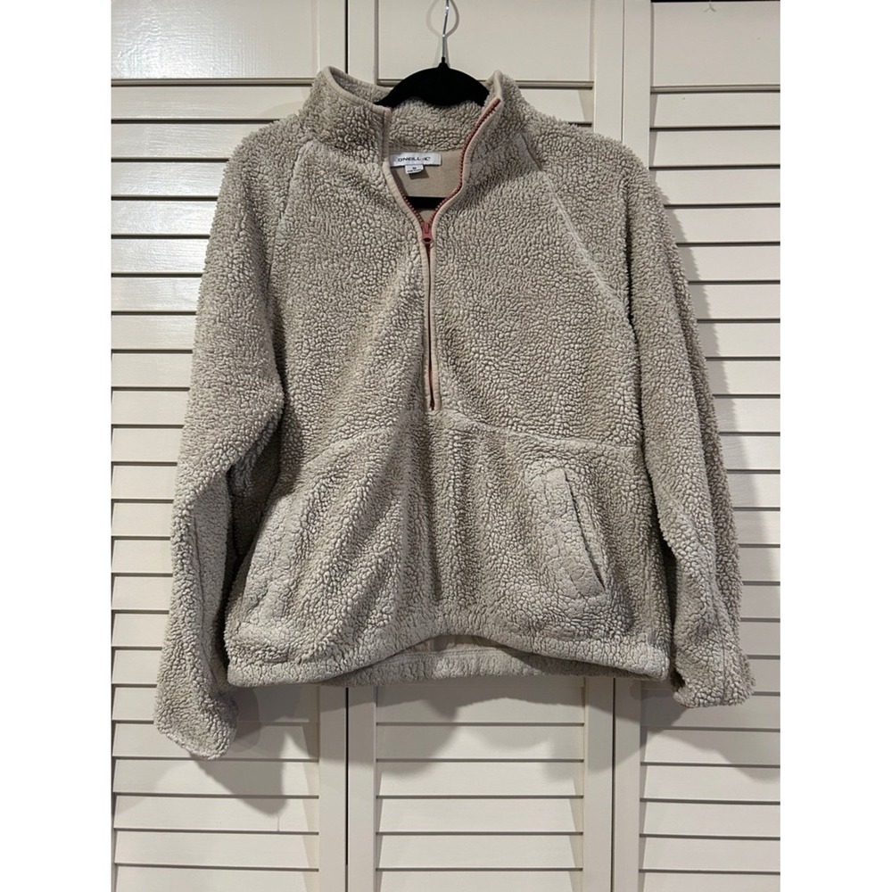 O'Neill Fleece Sherpa Half-Zip Pullover in Beige with Pink Trim Size Medium